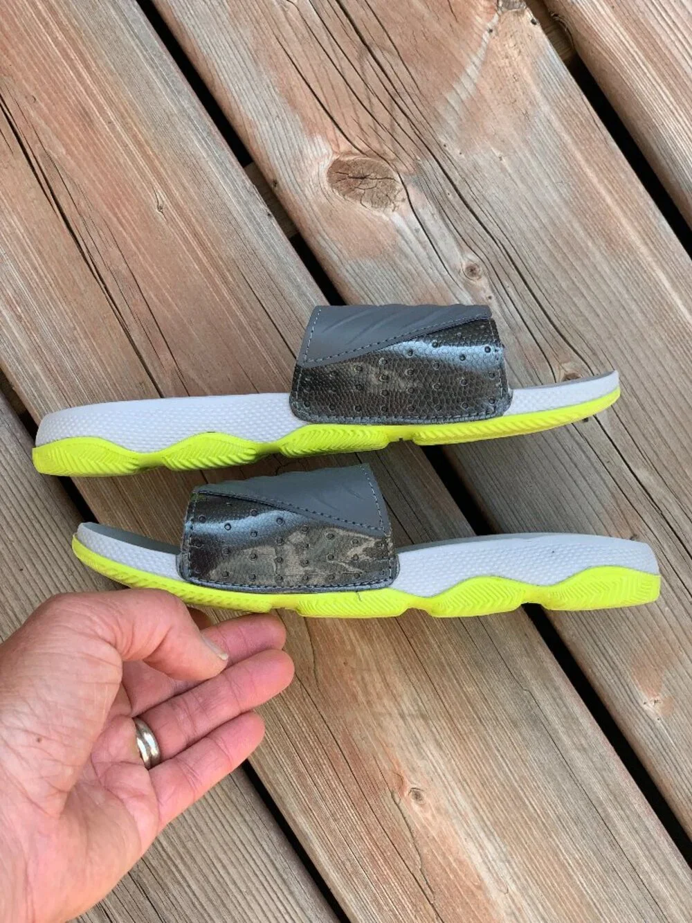 And1 Kids Slides Sandals Youth 2/3 Gray Yellow Slip On Adjustable Athletic Shoes